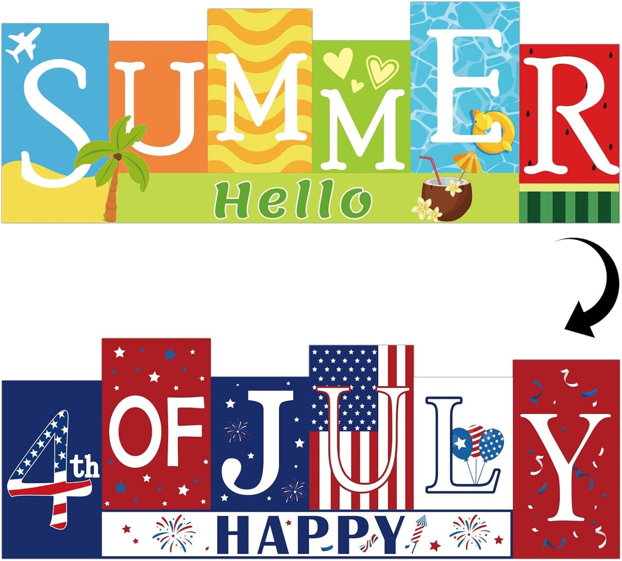 4th of July Decorations Wooden Table Sign Summer Decorations, Patriotic Independence Day Memorial Day Decorations Reversible Double-sided Different Theme Farmhouse Tabletop Centerpiece Decor